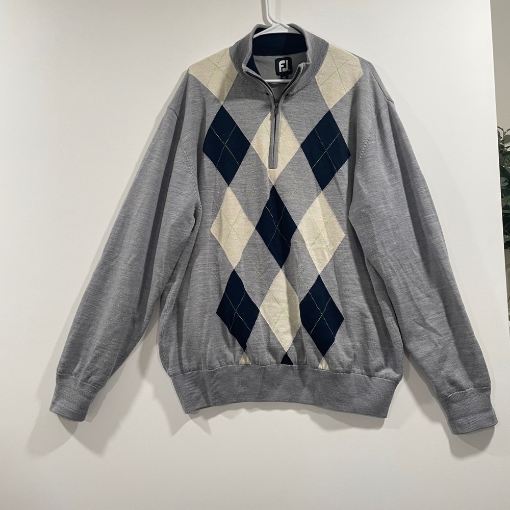 FootJoy Mens‎ XL Argyle 100% Wool Lined Quarter Zip Golf Pullover Sweater Grey